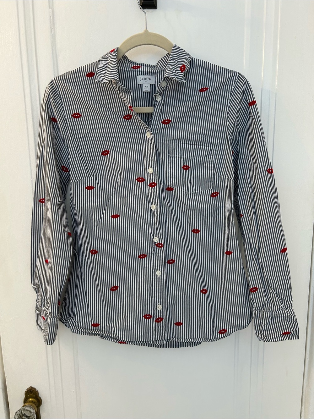 J. Crew Navy and White Striped Button-Up with Red Lip Embroidery